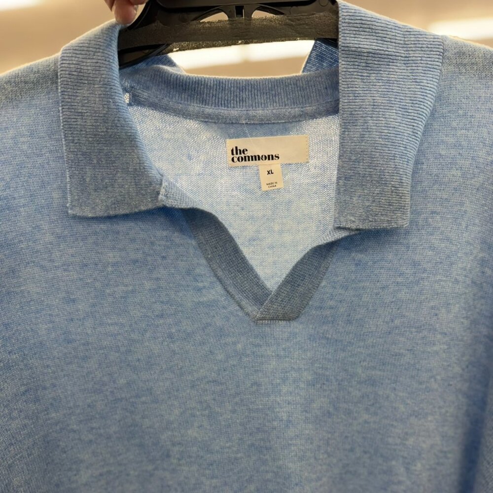 The Commons 100% Cashmere Light Sweater Polo Men XL Lt Blue Knit Long Sleeve